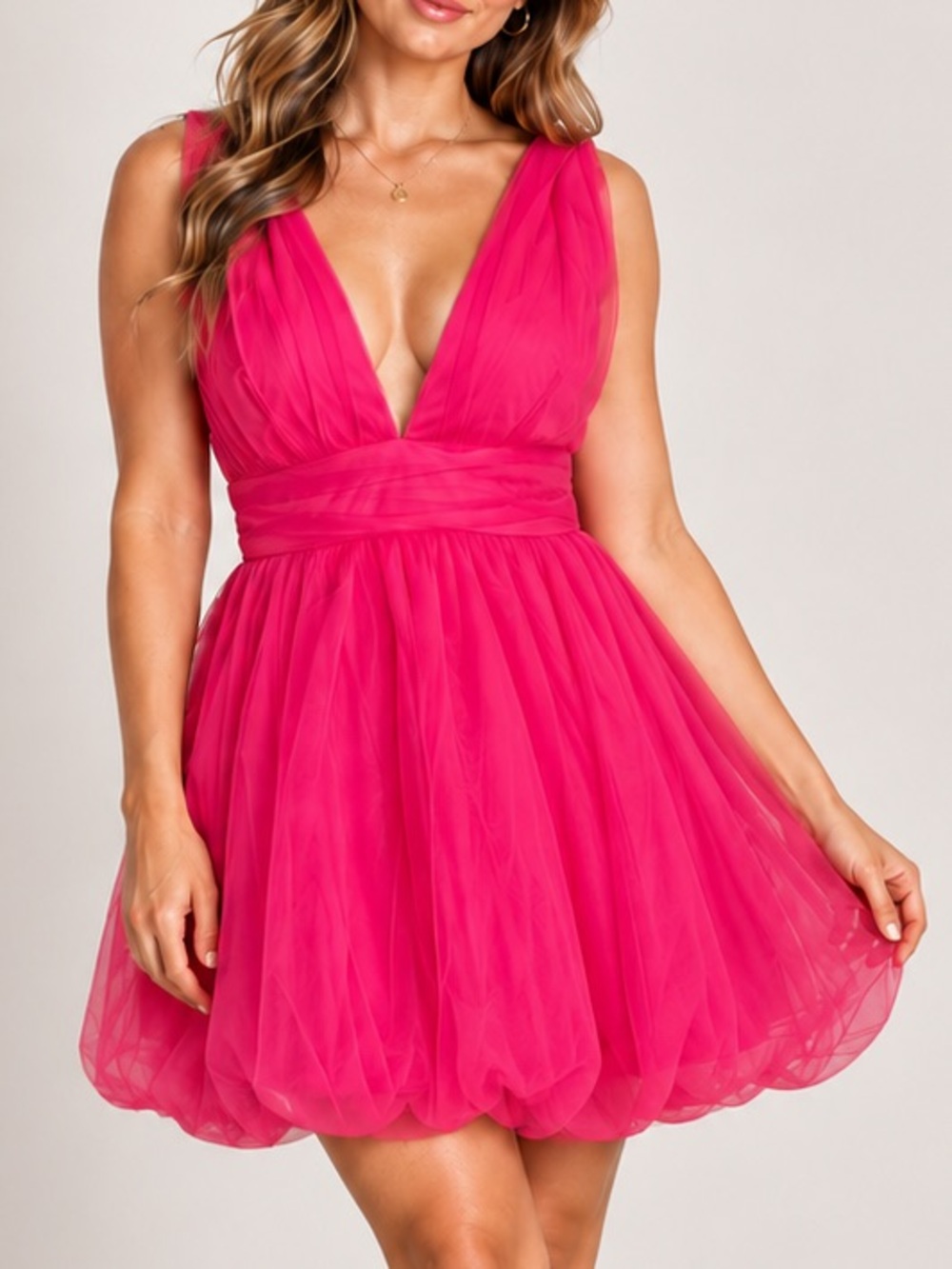 Lulus Hot Pink Tulle Plunge V Neck Bubble Hem Mini Dress NWT Large